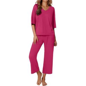 Ekouaer Lounge Sets for Women Comfy Pajamas Set 2 Piece Outfits Short Sleeve Tops and Wide Leg Pants with Large Pockets(Rose)