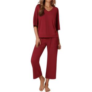 Ekouaer Lounge Sets for Women Comfy Pajamas Set 2 Piece Outfits Short Sleeve Tops and Wide Leg Pants with Large Pockets(Wine Red)