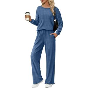 Ekouaer Lounge Sets for Women Comfy Ribbed Knit Pajamas Fall Long Sleeve Sleepwear 2 Piece Casual Loungewear,S-XXL(Blue)
