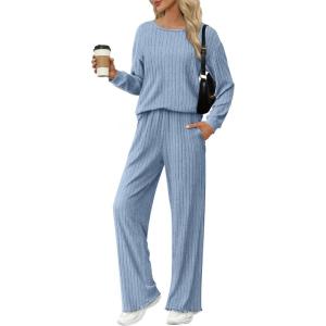 Ekouaer Lounge Sets for Women Comfy Ribbed Knit Pajamas Fall Long Sleeve Sleepwear 2 Piece Casual Loungewear,S-XXL(Clear Blue)