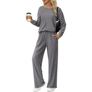 Ekouaer Lounge Sets for Women Comfy Ribbed Knit Pajamas Fall Long Sleeve Sleepwear 2 Piece Casual Loungewear,S-XXL(Grey)