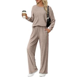Ekouaer Lounge Sets for Women Comfy Ribbed Knit Pajamas Fall Long Sleeve Sleepwear 2 Piece Casual Loungewear,S-XXL(Tea Grey)