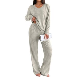 Ekouaer Lounge Sets for Women Long Sleeve Knit Ribbed Pajama Sets 2 Piece Casual Loungewear with Pockets(Apricot)
