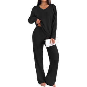 Ekouaer Lounge Sets for Women Long Sleeve Knit Ribbed Pajama Sets 2 Piece Casual Loungewear with Pockets(Black)