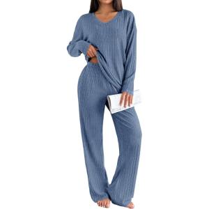 Ekouaer Lounge Sets for Women Long Sleeve Knit Ribbed Pajama Sets 2 Piece Casual Loungewear with Pockets(Captain’s Blue)