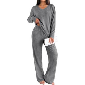 Ekouaer Lounge Sets for Women Long Sleeve Knit Ribbed Pajama Sets 2 Piece Casual Loungewear with Pockets(Dark Gray)