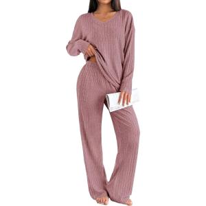 Ekouaer Lounge Sets for Women Long Sleeve Knit Ribbed Pajama Sets 2 Piece Casual Loungewear with Pockets(Dusty Rose)