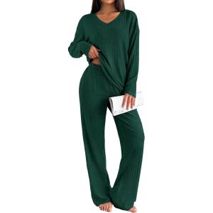 Ekouaer Lounge Sets for Women Long Sleeve Knit Ribbed Pajama Sets 2 Piece Casual Loungewear with Pockets(Green)