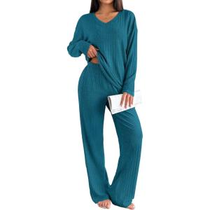 Ekouaer Lounge Sets for Women Long Sleeve Knit Ribbed Pajama Sets 2 Piece Casual Loungewear with Pockets(Green Blue)