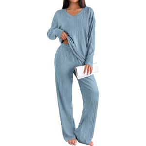 Ekouaer Lounge Sets for Women Long Sleeve Knit Ribbed Pajama Sets 2 Piece Casual Loungewear with Pockets(Light Blue)