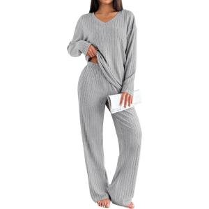 Ekouaer Lounge Sets for Women Long Sleeve Knit Ribbed Pajama Sets 2 Piece Casual Loungewear with Pockets(Light Gray)