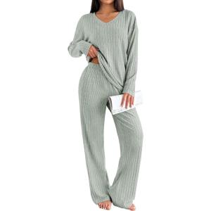Ekouaer Lounge Sets for Women Long Sleeve Knit Ribbed Pajama Sets 2 Piece Casual Loungewear with Pockets(Light Green)