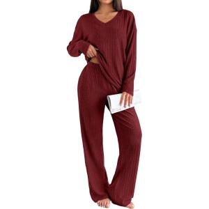 Ekouaer Lounge Sets for Women Long Sleeve Knit Ribbed Pajama Sets 2 Piece Casual Loungewear with Pockets(Red)