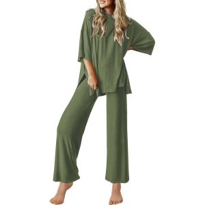 Ekouaer Lounge Sets for Women Short Sleeve Tops and Long Pants Soft Comfy Pajamas Set 2 Piece Outfits S-XXL(Army Green)