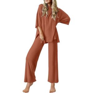Ekouaer Lounge Sets for Women Short Sleeve Tops and Long Pants Soft Comfy Pajamas Set 2 Piece Outfits S-XXL(Camel)