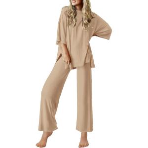 Ekouaer Lounge Sets for Women Short Sleeve Tops and Long Pants Soft Comfy Pajamas Set 2 Piece Outfits S-XXL(Khaki)