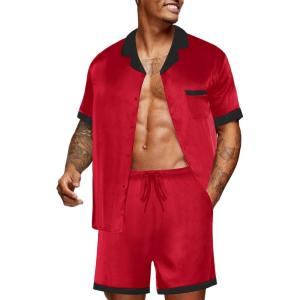Ekouaer Men Satin Silk Pajamas Set with Pockets Sleepwear Shorts Satin Summer Loungewear 2 Piece Button Down Set S-3XL(01 Red)