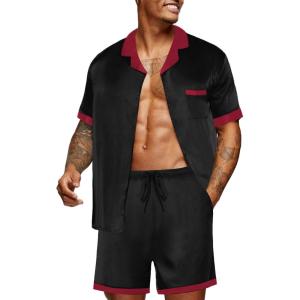 Ekouaer Men Satin Silk Pajamas Set with Pockets Sleepwear Shorts Satin Summer Loungewear 2 Piece Button Down Set S-3XL(Black)