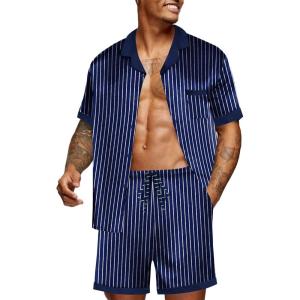 Ekouaer Men Satin Silk Pajamas Set with Pockets Sleepwear Shorts Satin Summer Loungewear 2 Piece Button Down Set S-3XL(Blue Striped)