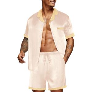 Ekouaer Men Satin Silk Pajamas Set with Pockets Sleepwear Shorts Satin Summer Loungewear 2 Piece Button Down Set S-3XL(Champagne)
