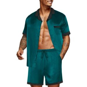 Ekouaer Men Satin Silk Pajamas Set with Pockets Sleepwear Shorts Satin Summer Loungewear 2 Piece Button Down Set S-3XL(Lake Green)