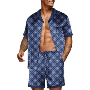 Ekouaer Men Satin Silk Pajamas Set with Pockets Sleepwear Shorts Satin Summer Loungewear 2 Piece Button Down Set S-3XL(Navy Blue Geometry)