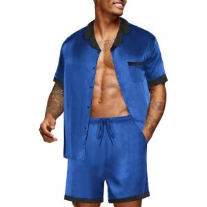 Ekouaer Men Satin Silk Pajamas Set with Pockets Sleepwear Shorts Satin Summer Loungewear 2 Piece Button Down Set S-3XL(Royal Blue)