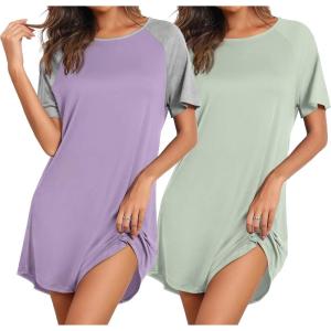 Ekouaer Nightgowns for Women 2 Pack Bamboo Viscose Sleep Shirts Short Sleeve Nightshirt Comfy Sleepdress Soft Sleepwear(Lilac/Light Green)