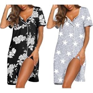 Ekouaer Nightgowns for Women 2 Pack Button Down Sleepshirt Short Sleeve Nightshirt Soft Sleepwear V Neck Pajama Dress(Black Floral/Grey Star)