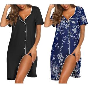 Ekouaer Nightgowns for Women 2 Pack Button Down Sleepshirt Short Sleeve Nightshirt Soft Sleepwear V Neck Pajama Dress(Black/Blue Vine)