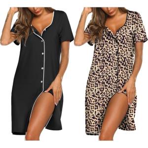 Ekouaer Nightgowns for Women 2 Pack Button Down Sleepshirt Short Sleeve Nightshirt Soft Sleepwear V Neck Pajama Dress(Black/Brown Leopard)