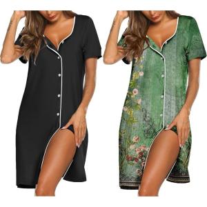 Ekouaer Nightgowns for Women 2 Pack Button Down Sleepshirt Short Sleeve Nightshirt Soft Sleepwear V Neck Pajama Dress(Black/Green Flower)