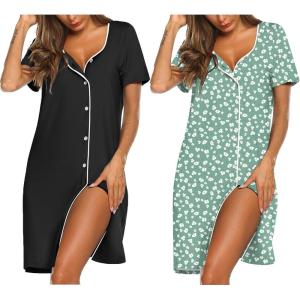 Ekouaer Nightgowns for Women 2 Pack Button Down Sleepshirt Short Sleeve Nightshirt Soft Sleepwear V Neck Pajama Dress(Black/Green White Florals)