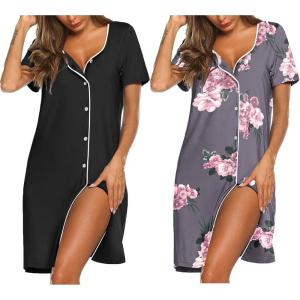 Ekouaer Nightgowns for Women 2 Pack Button Down Sleepshirt Short Sleeve Nightshirt Soft Sleepwear V Neck Pajama Dress(Black/Grey Floral)