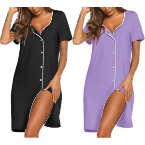 Ekouaer Nightgowns for Women 2 Pack Button Down Sleepshirt Short Sleeve Nightshirt Soft Sleepwear V Neck Pajama Dress(Black/Lilac)