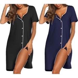 Ekouaer Nightgowns for Women 2 Pack Button Down Sleepshirt Short Sleeve Nightshirt Soft Sleepwear V Neck Pajama Dress(Black/Navy Blue)