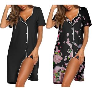 Ekouaer Nightgowns for Women 2 Pack Button Down Sleepshirt Short Sleeve Nightshirt Soft Sleepwear V Neck Pajama Dress(Black/Pink Flower)