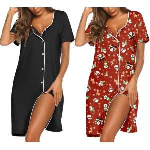 Ekouaer Nightgowns for Women 2 Pack Button Down Sleepshirt Short Sleeve Nightshirt Soft Sleepwear V Neck Pajama Dress(Black/Red Christmas)