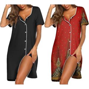 Ekouaer Nightgowns for Women 2 Pack Button Down Sleepshirt Short Sleeve Nightshirt Soft Sleepwear V Neck Pajama Dress(Black/Red Feather)