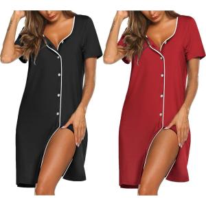 Ekouaer Nightgowns for Women 2 Pack Button Down Sleepshirt Short Sleeve Nightshirt Soft Sleepwear V Neck Pajama Dress(Black/Wine Red)