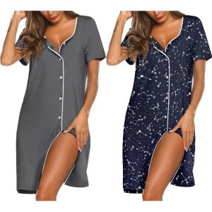 Ekouaer Nightgowns for Women 2 Pack Button Down Sleepshirt Short Sleeve Nightshirt Soft Sleepwear V Neck Pajama Dress(Grey/Blue Star)