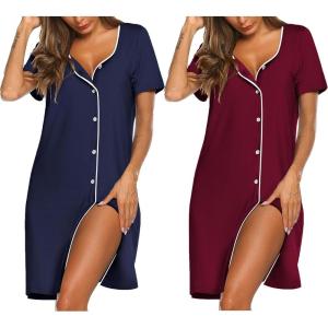 Ekouaer Nightgowns for Women 2 Pack Button Down Sleepshirt Short Sleeve Nightshirt Soft Sleepwear V Neck Pajama Dress(Navy/Red)