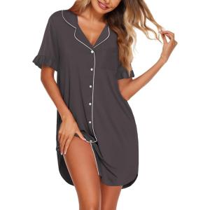 Ekouaer Nightgowns for Women Button Down Sleep Shirts Short Sleeve Night Shirts V Neck Sleepwear Boyfriend Pajama Dress(Dark Grey)
