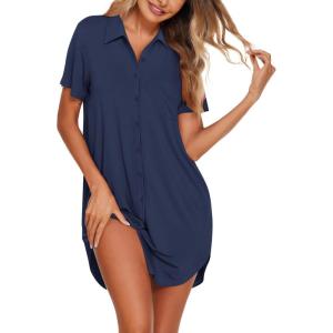 Ekouaer Nightgowns for Women Button Down V Neck Sleepshirt Short Sleeve Nursing Dress S-XXL(Navy Blue)
