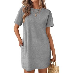 Ekouaer Nightgowns for Women Cotton Sleep Shirts Tshirt Nightshirt Casual Sleepdress Pullover Dress with Pockets S-3XL(Light Gray)