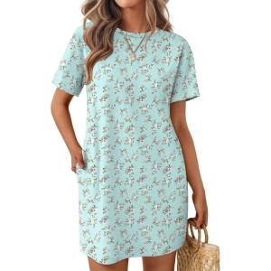 Ekouaer Nightgowns for Women Cotton Sleep Shirts Tshirt Nightshirt Casual Sleepdress Pullover Dress with Pockets S-3XL(Light Green Flowers)