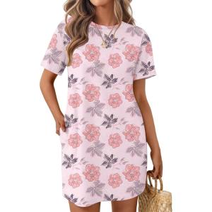 Ekouaer Nightgowns for Women Cotton Sleep Shirts Tshirt Nightshirt Casual Sleepdress Pullover Dress with Pockets S-3XL(Pink Flower)