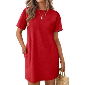 Ekouaer Nightgowns for Women Cotton Sleep Shirts Tshirt Nightshirt Casual Sleepdress Pullover Dress with Pockets S-3XL(Teal Red)