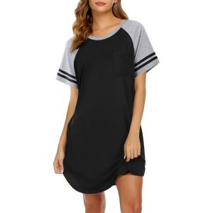 Ekouaer Nightgowns for Women Short Sleeve Sleepshirts Crew Neck Nightshirts Color Block Pajamas Dress Soft Sleepwear(Black)