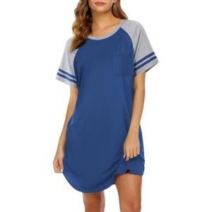 Ekouaer Nightgowns for Women Short Sleeve Sleepshirts Crew Neck Nightshirts Color Block Pajamas Dress Soft Sleepwear(Blue)